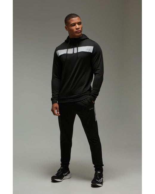 BoohooMAN Gray Active Slim Fit Colour Block Hooded Tracksuit for men