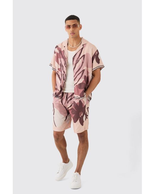 BoohooMAN Red Boxy Viscose Abstract Flower Shirt & Short for men