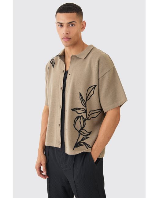 BoohooMAN Brown Boxy Jacquard Knit Floral Detail Shirt In Taupe for men