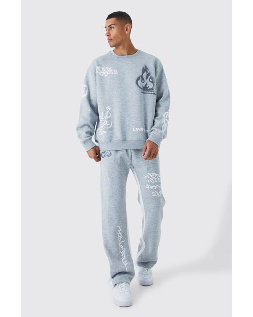 BoohooMAN Oversized Graffiti Contrast Gusset Tracksuit in Blue for