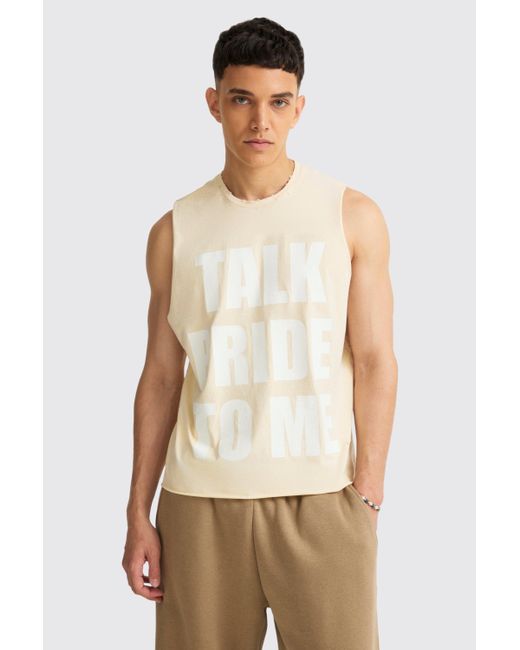 BoohooMAN Natural Boxy Talk Pride To Me Distressed Tank for men
