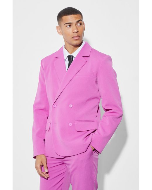 BoohooMAN Zweireihige Slim-Fit Anzugjacke in Knitteroptik in Pink für Herren