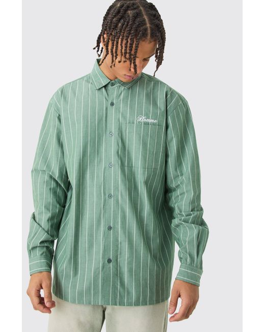 BoohooMAN Green Long Sleeve Oversized Embroidered Stripe Shirt for men