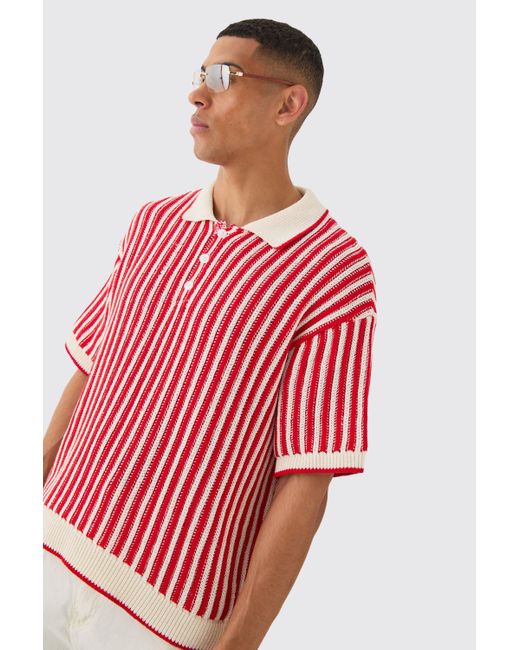 BoohooMAN Red Oversized Boxy Stripe Open Stitch Polo for men