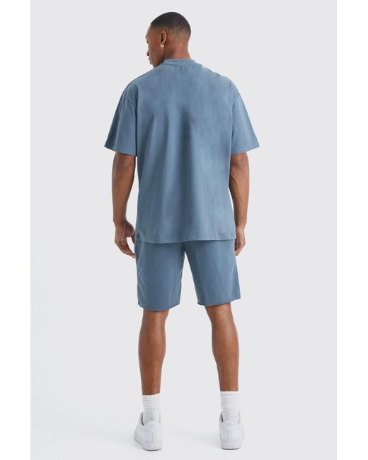 BoohooMAN Blue Oversized Limited Raw Hem T-shirt & Short Set for men
