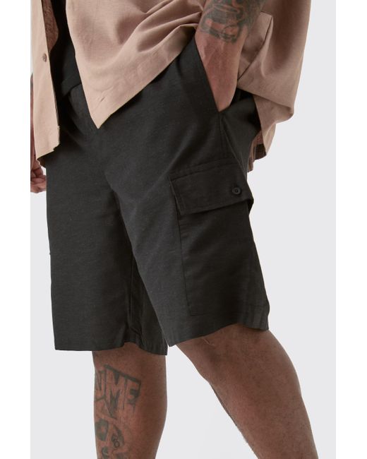 BoohooMAN Plus Elasticated Waist Relaxed Linen Cargo Shorts In Black for men
