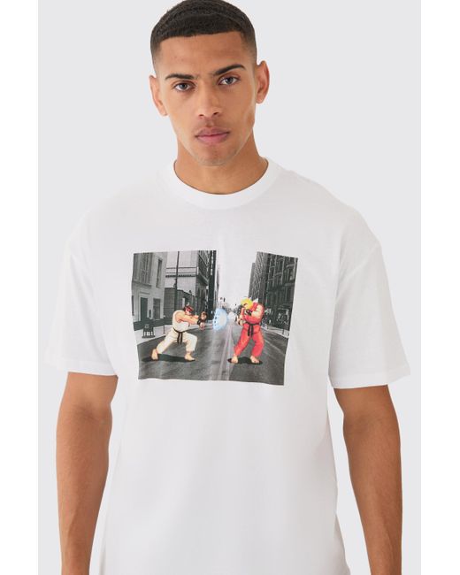 BoohooMAN White Oversized Street Fighter Gaming License T-shirt for men