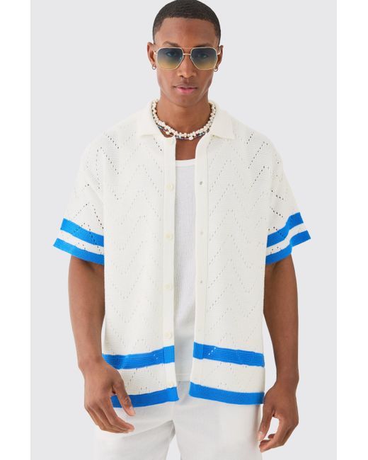 BoohooMAN White Oversized Boxy Open Knit Stripe Shirt In Blue for men