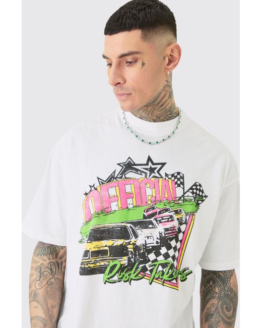 BoohooMAN White Tall Oversized Neon Moto T-shirt for men