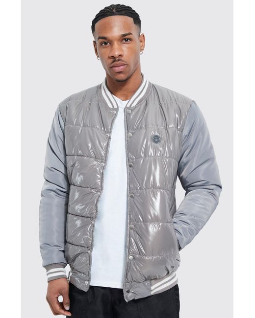 BoohooMAN High Shine Quilted Varsity Bomber in Grey for Men Lyst UK