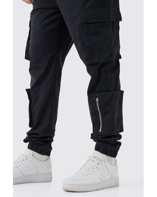 BoohooMAN Black Tall Multi Cargo Pocket Cuffed Trousers for men