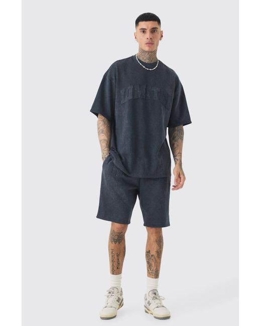 BoohooMAN Blue Tall Oversized Limited Applique Washed T-shirt & Short Set for men