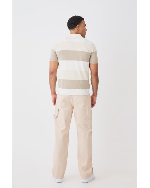 BoohooMAN Short Sleeve Revere Stripe Knitted Shirt in White für Herren