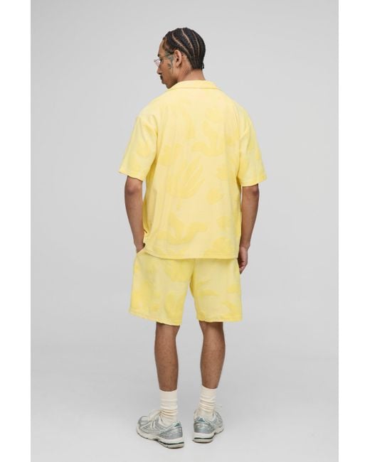 BoohooMAN Yellow Oversized Revere Towelling Shirt & Loose Short Set for men