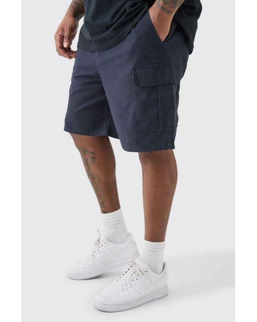 BoohooMAN Blue Plus Elastic Waist Navy Relaxed Fit Cargo Shorts for men