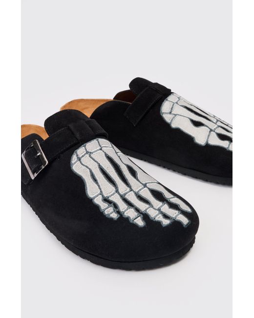 BoohooMAN Faux Suede Skeleton Embroidery Mule In Black for men