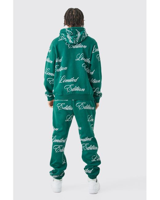 BoohooMAN Green Limited Edition Script All Over Print Zip Hooded Tracksuit for men