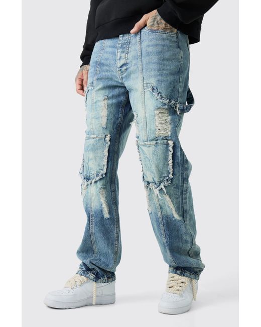 BoohooMAN Blue Tall Relaxed Rigid Ripped Carpenter Cargo Jean for men