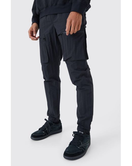 BoohooMAN Blue Elasticated Waist Slim Fit Crinkle Nylon Cargo Trouser for men