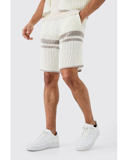 BoohooMAN White Relaxed Open Stitch Statement Stripe Knitted Short for men