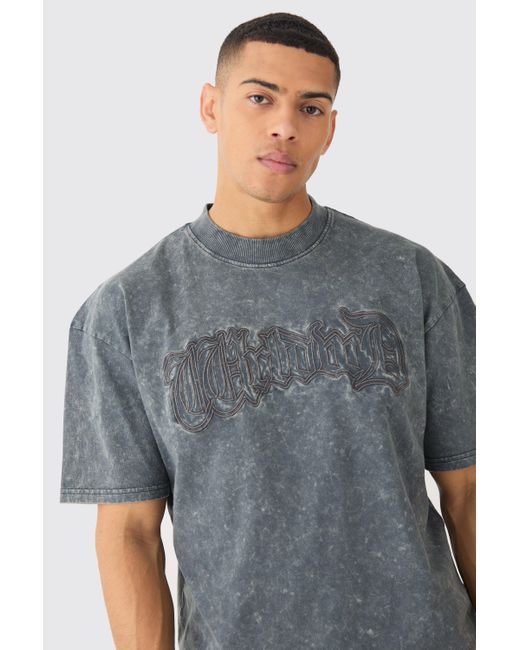BoohooMAN Gray Oversized Boxy Acid Wash Worldwide Applique T-shirt for men