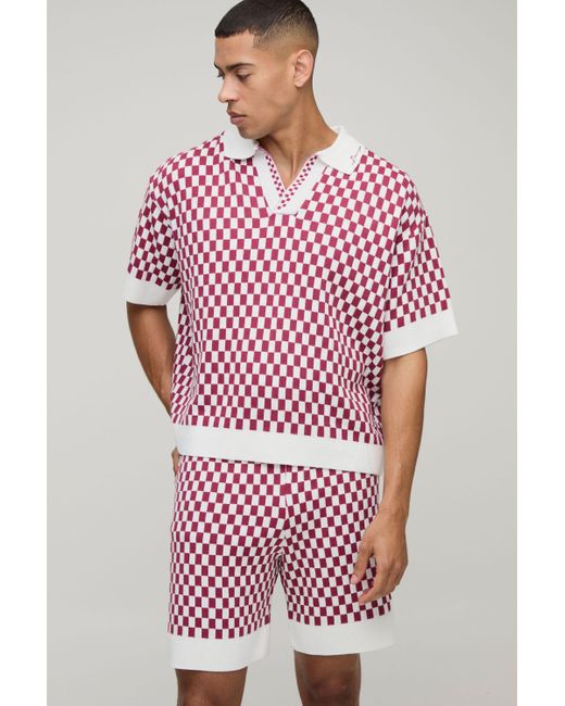 Conjunto Man Oversize De Pantalón Corto Holgado Y Polo Recto De Punto Jacquard Con Estampado De Cuadros Boohoo de color Red