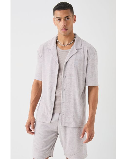 BoohooMAN Drop Revere Towelling Embroidered Shirt And Short Set in Gray für Herren