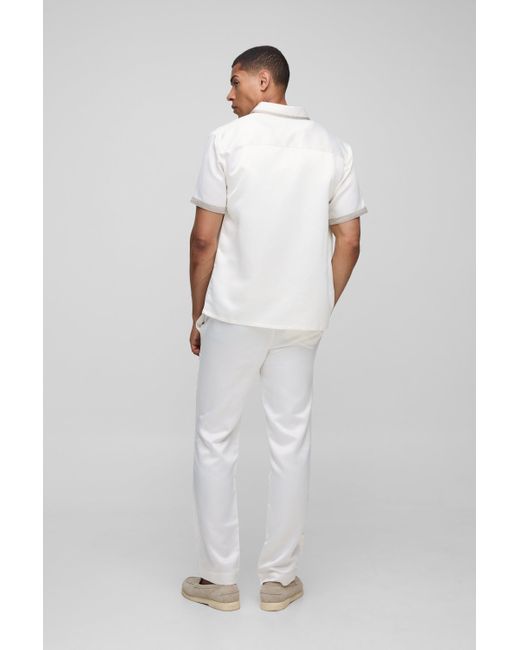 Boohoo Gray Regular Short Sleeve Contrast Panel Satin Shirt & Straight Fit Trouser Set