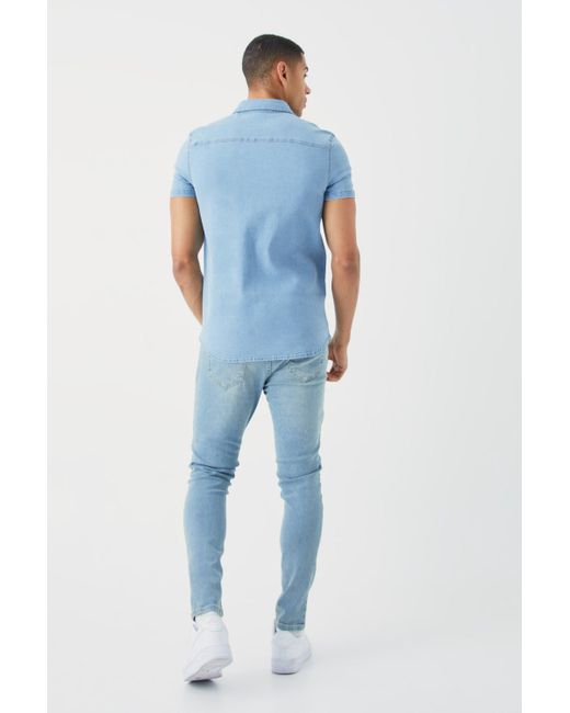 BoohooMAN Blue Short Sleeve Muscle Fit Denim Shirt for men