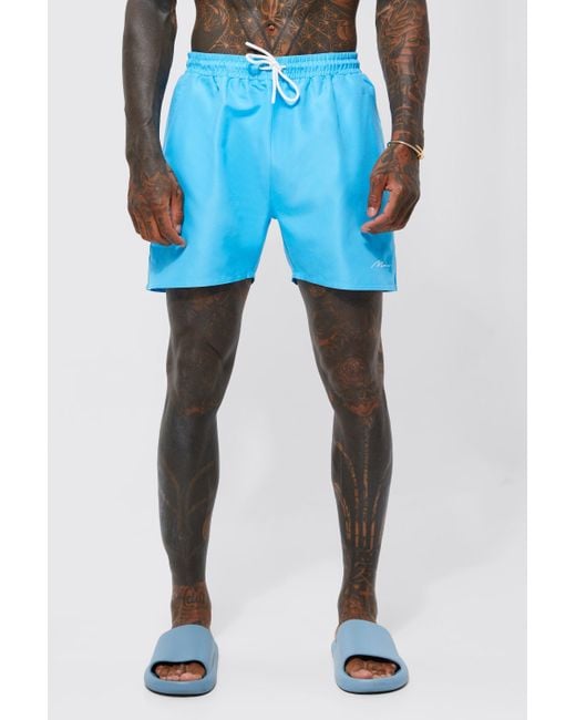 Boohoo Blue Man Signature Mid Length Swim Shorts for men