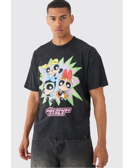 BoohooMAN Gray Oversized Powerpuff Girls Wash License T-shirt for men