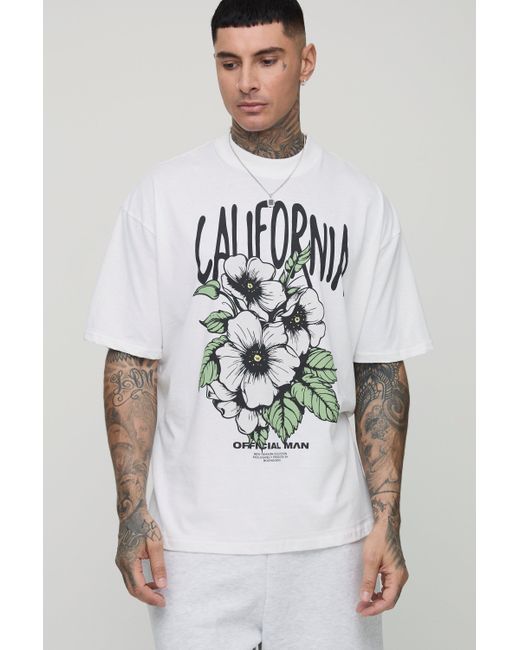 BoohooMAN White Tall Oversized Extended Neck California Floral Print T-shirt for men