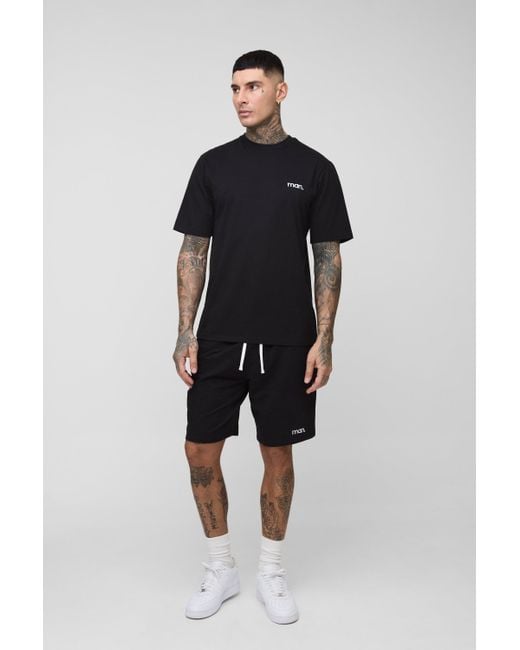 BoohooMAN Tall T-Shirt & Shorts mit Man Stickerei in Black für Herren