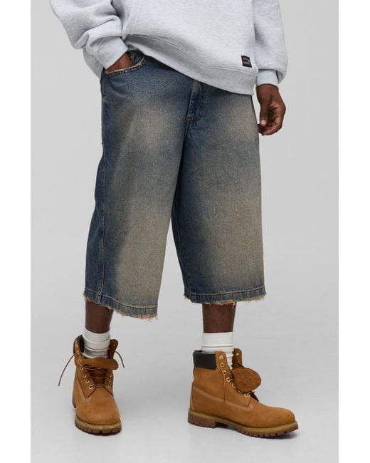 BoohooMAN Blue Tall Relaxed Fit Longline Tinted Nibbled Pocket Denim Jorts for men