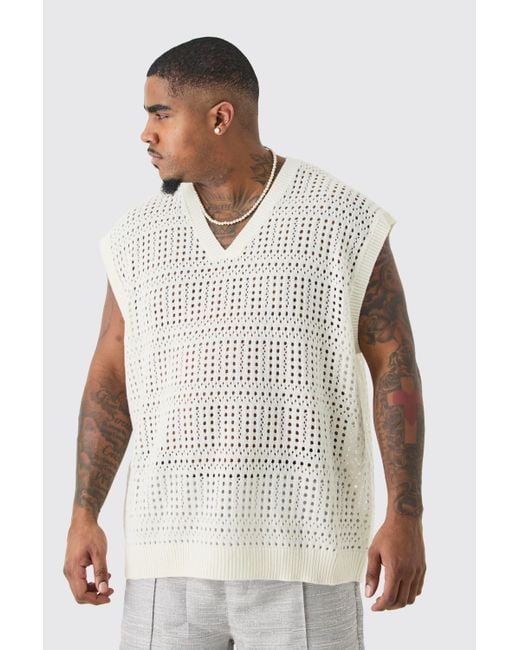 BoohooMAN White Plus Oversized Crochet Knit Sweater Tank In Ecru for men