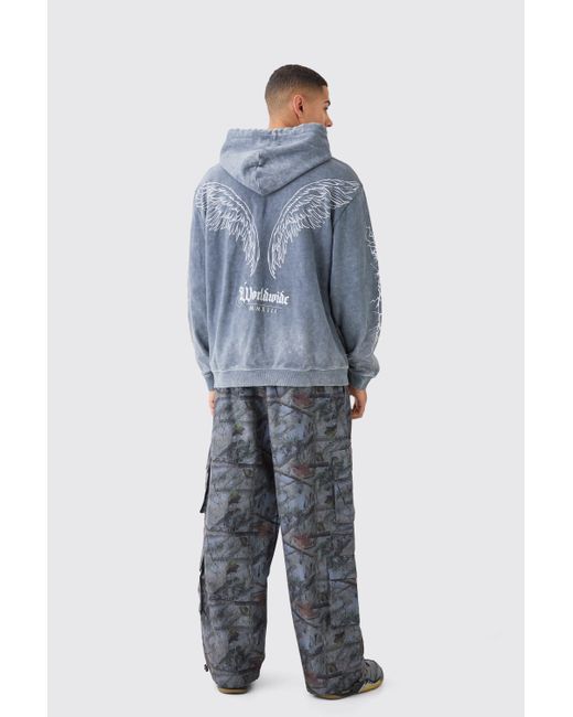BoohooMAN Blue Oversized Acid Wash Embroidered Wing Graphic Hoodie for men