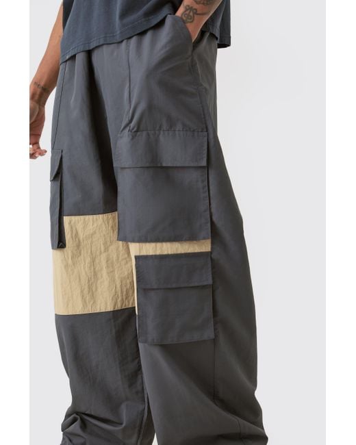 BoohooMAN Black Tall Colour Block Cargo Parachute Pants for men
