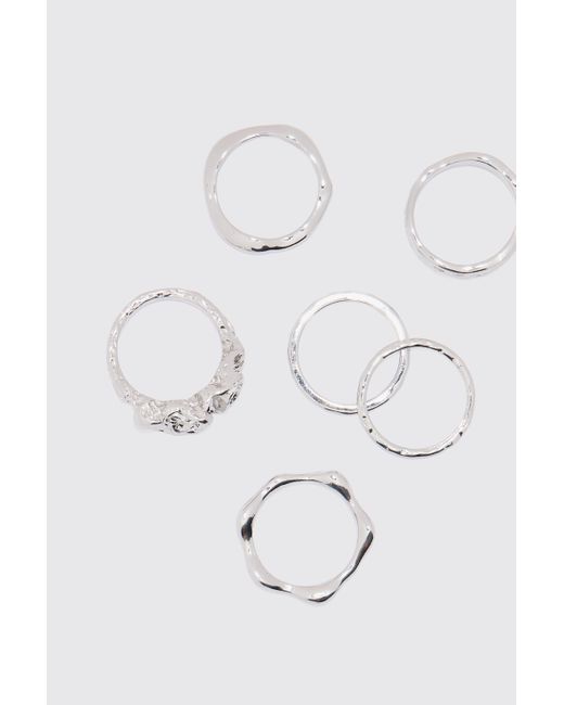 BoohooMAN Gray 6 Pack Melted Metal Rings In Silver for men