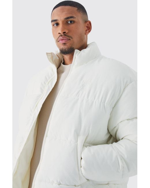 BoohooMAN White Tall Oversized Peached Nylon Embroidered Puffer for men