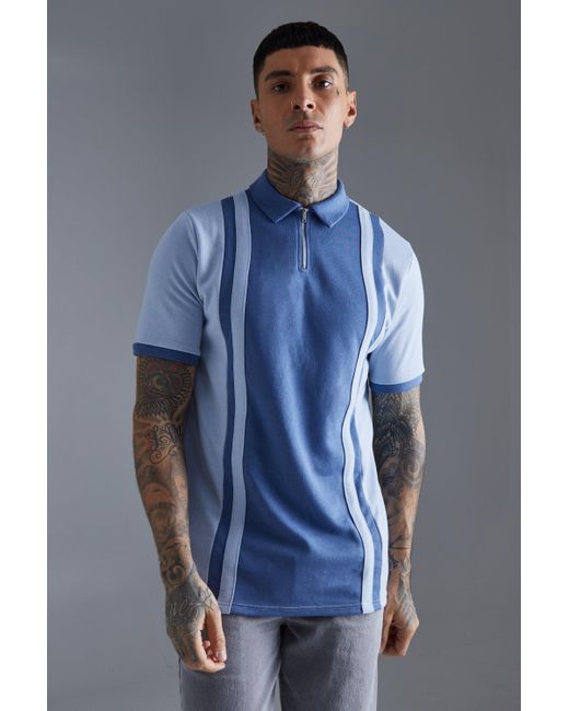 BoohooMAN Tall Slim-Fit Poloshirt aus Interlock-Jersey mit Reißverschluss in Blue für Herren