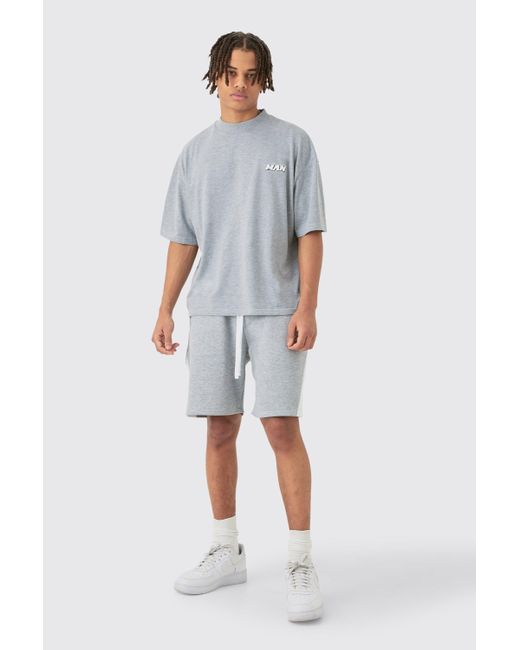 BoohooMAN Blue Oversized Boxy Contrast Sitch T-shirt Gusset Shorts Set for men