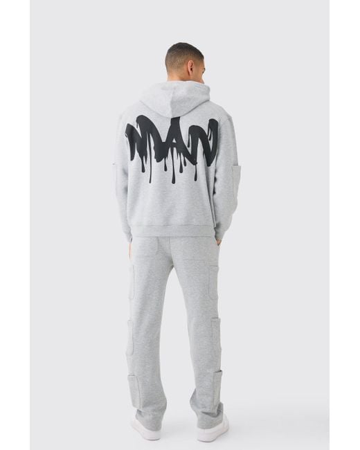 BoohooMAN Gray Oversized Drip Multi Pocket Hooded Tracksuit for men