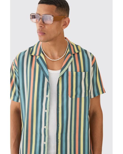 BoohooMAN Short Sleeve Oversized Revere Stripe Shirt in Blue für Herren