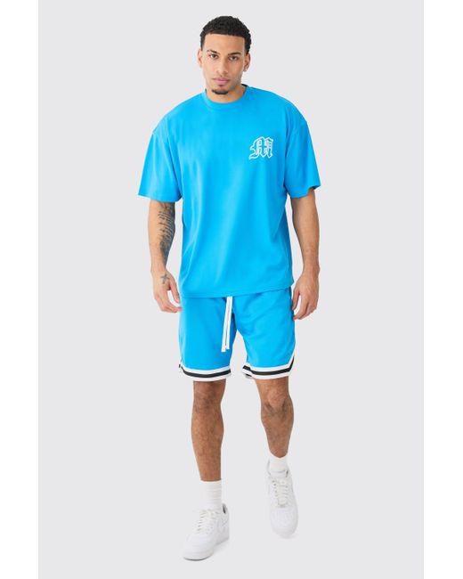 BoohooMAN Blue Oversized Mesh Varsity Top And Basketball Shorts Set for men