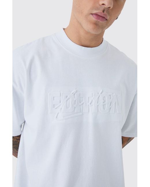 BoohooMAN White Oversized Extended Neck Limited Edition Embossed T-Shirt for men