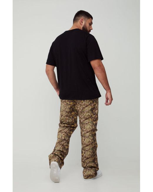 BoohooMAN Green Plus Washed Ripstop Stacked Zip Hem Forest Camo Cargo Pants for men