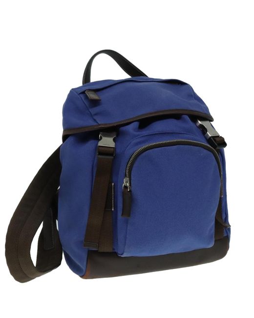 BoohooMAN Prada Preloved Canvas Backpack Blue Leather Trim Unisex for men