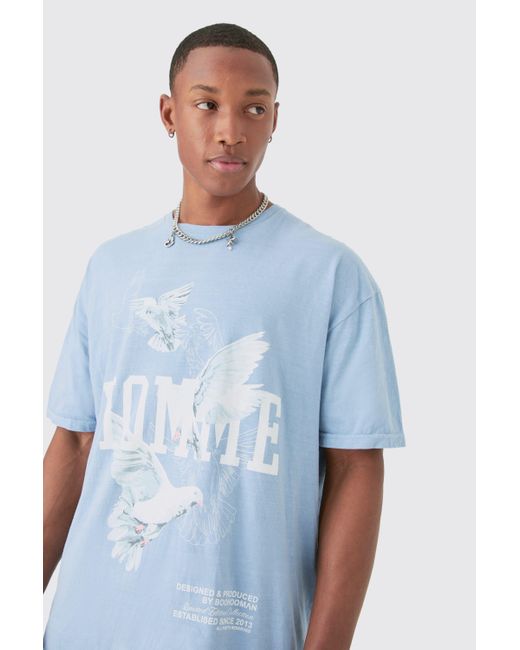Oversized Washed Dove Print T-Shirt Boohoo de color Blue