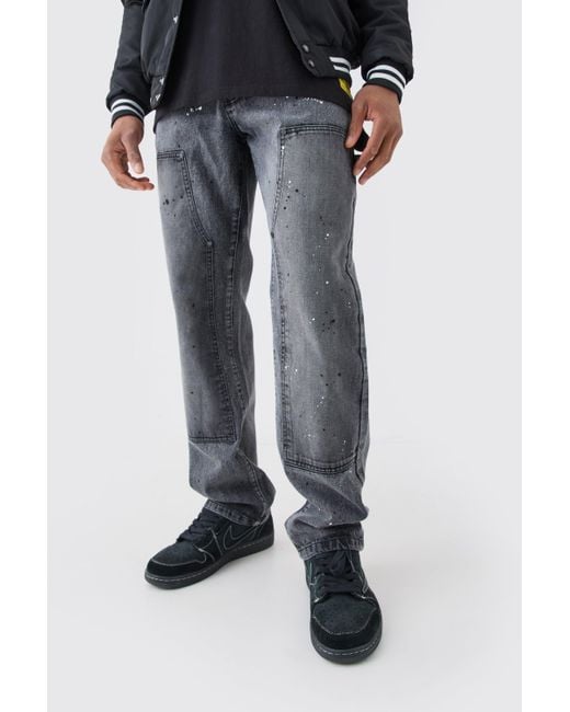 BoohooMAN Relaxed Rigid Carpenter Acid Wash Jeans in Black für Herren