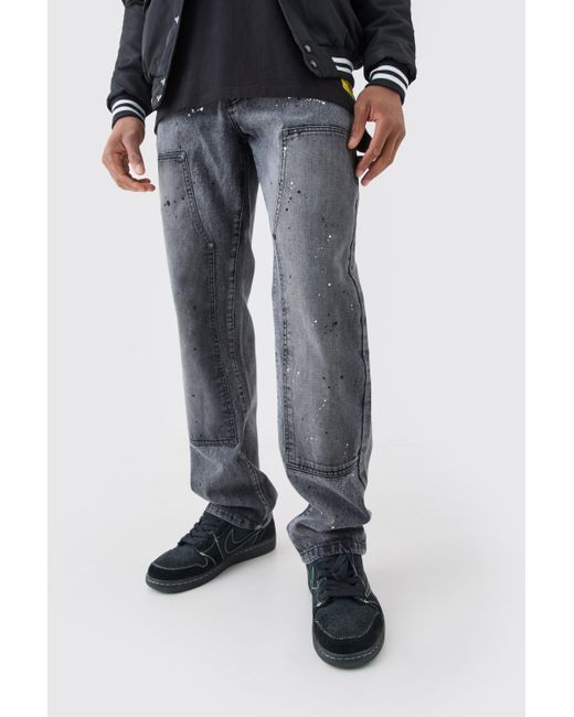 BoohooMAN Black Relaxed Rigid Carpenter Acid Wash Jeans for men